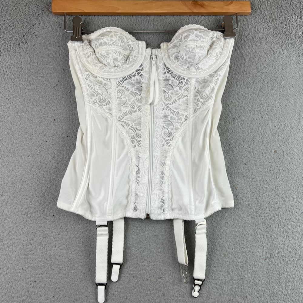 Fredericks of Hollywood White Lace Zip Front Corset Basque Garter Belt Vintage